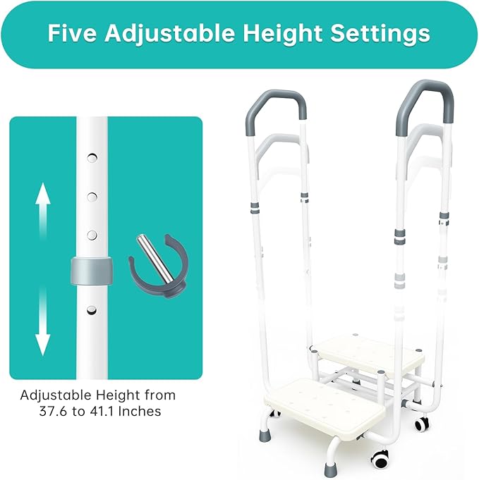 2-Step Stool with Double-Side Handrails & 4 Casters for Elderly, Bed Steps for High Beds for Adults, Non Slip Platform and Adjustable Handrail, for Kitchen Bathroom RV Bathtub, Assist Rail gray