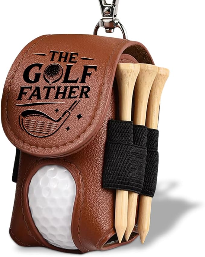 Wrappiness The Golf Father Golf Ball Bag - Golfer Accessories for Men Premium Leather Holder with Clip - Custom Golf Tee Pouch Unique Gift for Dad