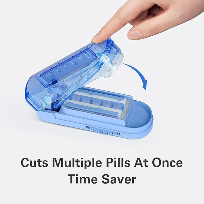 ONE PIX Multiple Pill Cutter Splitter for Small and Tiny Pills, Accurate 1/2 Tablet Splitter with Adjustable Bars & Hidden Blade, Safely Cuts Large Medication for Seniors & Pets, Blue