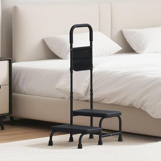 2 Step Stool with Handle for Elderly Adults, Portable Footstool Bed Steps for High Beds, Two Step Stools for Seniors with Adjustable Handrail Non-Skid Platform, Foot Stool for Kitchen Bathtub (Black)