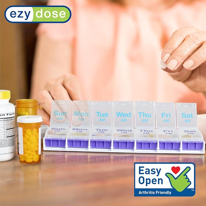 EZY DOSE Weekly (7-Day) Pill Organizer, Vitamin and Medicine Box, Large Push Button Compartments, Clear Lids (Pack of 2)