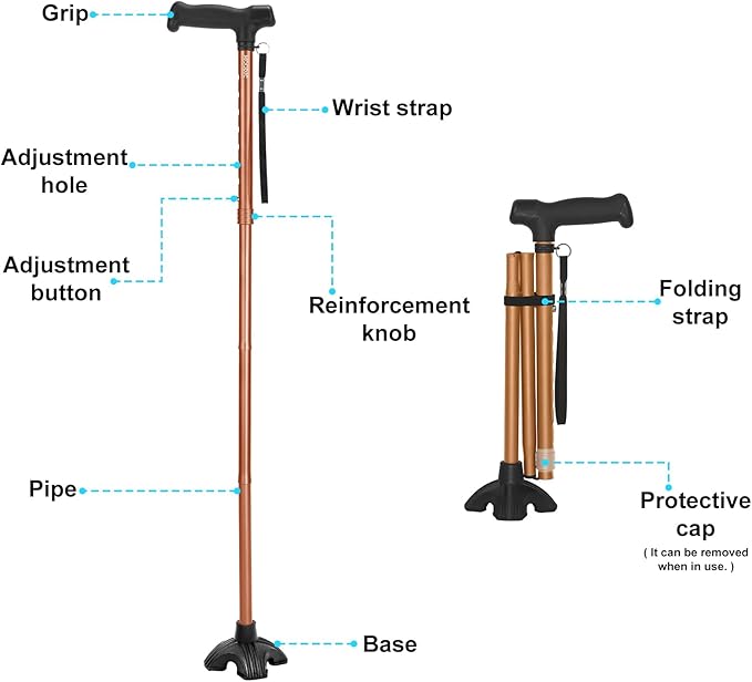 Walking Cane for Men and Women, Extended Grip; Solid Base; Foldable; Adjustable Heights; Lightweight; Free Standing; Portable Canes for Seniors (Orange)