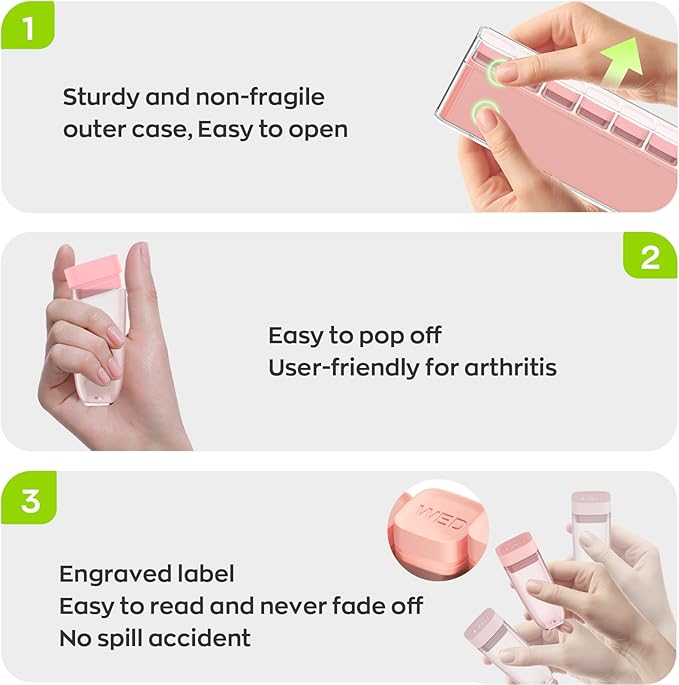 Weekly Pill Organizer 1 Time a Day, HIONXMGA Detachable Travel Pill Box 7 Day, Large Medicine Pill Case Container for Daily Medication Vitamin Supplement Fish Oil, Portable Week Pills Holder, Pink
