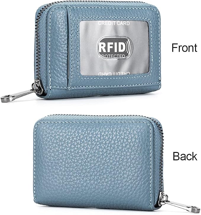 Genuine Leather Credit Card Wallet Accordion Zipper Rfid Credit Card Holder Small Coin Purse with ID Window (blue)