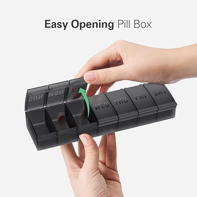 Large Pill Organizer 2 Pack, Easy-Open Weekly Pill Organizer, XL Daily Pill Organizers, 7 Day Medicine Pill Organziers, Medicine Box 7 Day for Large Vitamin Supplements (Black + White)