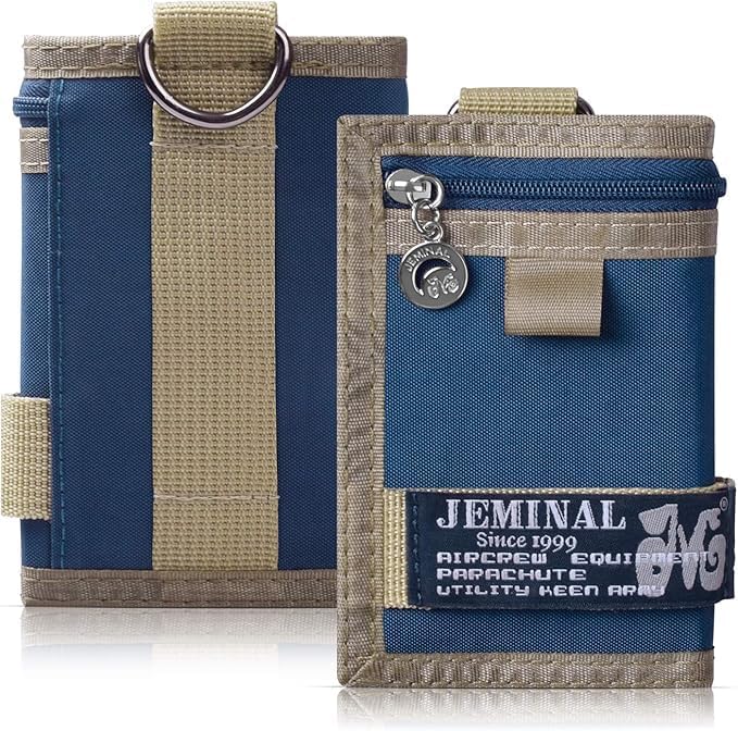 JEMINAL Trifold Canvas Wallet for Men Outdoor Sports Wallet with Keychain, Multiple Card Slots, ID Window, Lightweight Nylon Casual Wallet, Blue