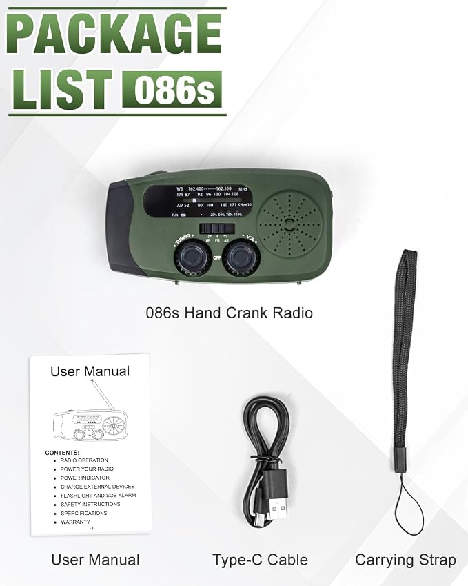 Hand Crank Radio with AM/FM/NOAA Weather Bands,for Emergencies, Camping | 3 LED Flashlights,SOS Function,Solar Powered,Hand Cranked, 2000mAh/7400mWh Charger,for Power Outage - Olive Green