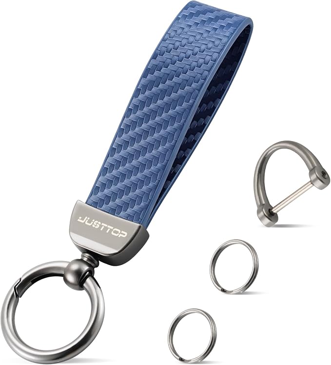 JUSTTOP Leather Keychain, Carbon Fiber Car Key Chain with Anti-Lost D-Ring and 2 Key Ring, Keychain Wristlet, Car Accessories, Universal Keychain for Men and Women (Blue)