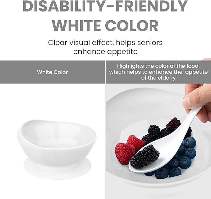 2Pack Spill Proof Scoop Bowl with Non-Skid Suction Base, Adaptive Self-Feeding Dinnerware for Elderly and Disabled(White)