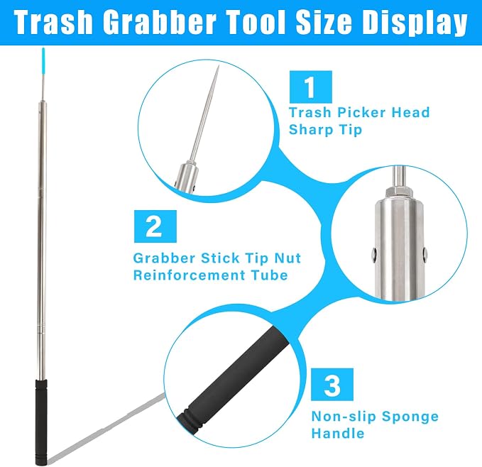 Trash Picker Upper Grabber Extra Long,62 Inch Trash Pickup Tool Heavy Duty Stainless Steels Tip Lightweight Reinforcement Debris Nabber Litter Picker Grabber Durability Sponge Handle