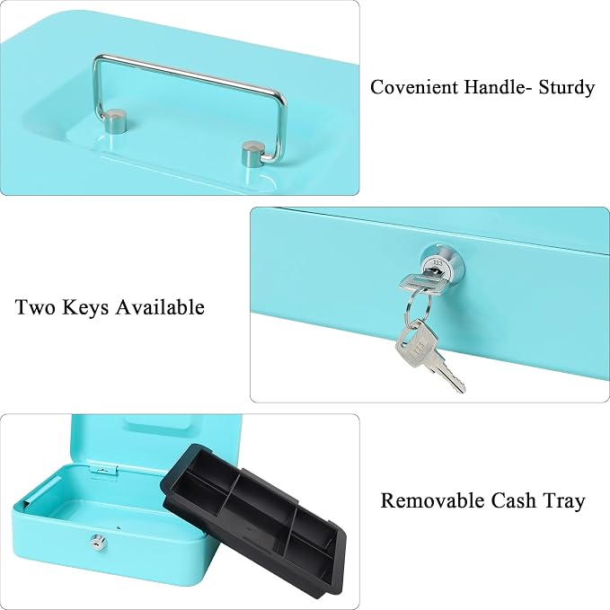 Jssmst Cash Box with Money Tray and Lock - Light Blue Money Saving Box for Cash Coins, Small Lock Box for Medication Personal Items, 9.84'' x 7.87'' x 3.46'', Light Blue