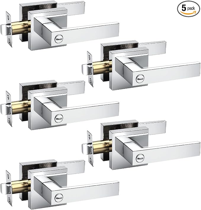 KNOBWELL 5 Pack Door Handles Polished Chrome Interior Door Levers for Bed and Bath Keyless Bedroom Doorknob with Lock