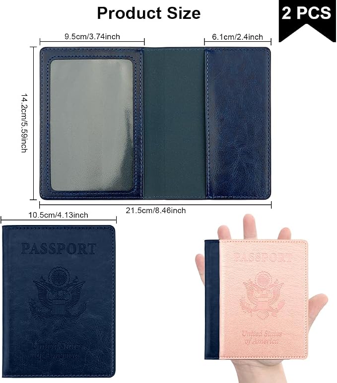Passport Holder, Passport Cover, Passport Holder for Women, 2 Pack Travel Passport Wallet, Leather Passport Case, Passport Protector International Travel Must Haves, Dark Blue+Rose Gold