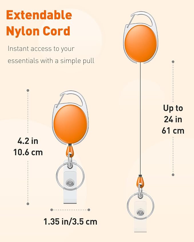 Uniclife 2 Pack Retractable Keychain, Retractable Badge Reel, Heavy Duty Badge Holder Clip for Keys and ID Card, Key Chain Extender with Carabiner Belt Clip and Key Ring, Orange