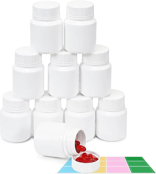 10 Pack 1.8oz Travel Pill Bottles - White Food Grade Plastic with Screw Caps & Labels, Small Pill Organizer for Pills, Vitamins, Capsules