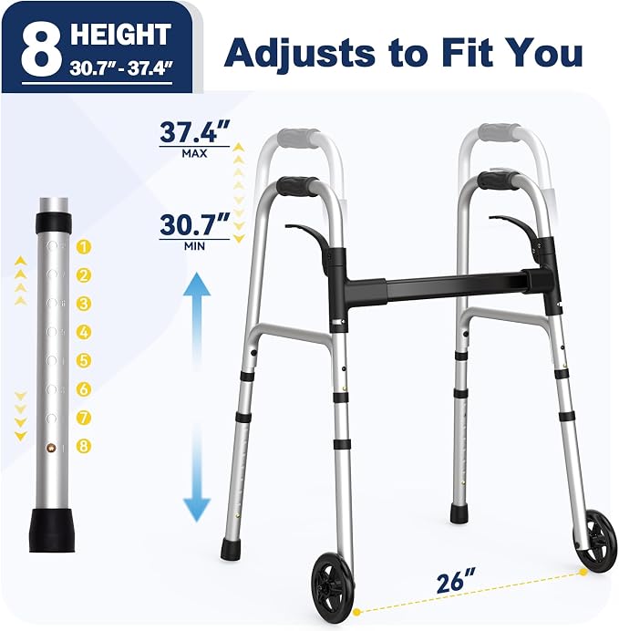 Folding Walkers for Seniors with 2 Skis and 5" Wheels, Lightweight Adult Rolling Walker, Supports Up to 350 Pounds, Adjustable Height, Aluminum Standard Walker, Silver