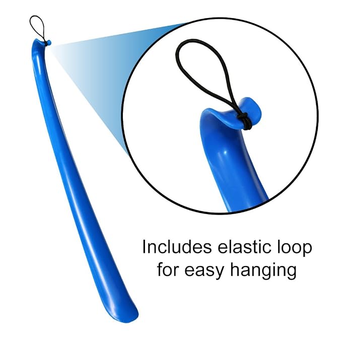 Rehabilitation Advantage Extra Long Blue Plastic Shoehorn (24") – Lightweight Shoe Helper with Curved Handle, Hooked End & Hanging Loop – Ideal for Seniors, Tall Users & Limited Mobility