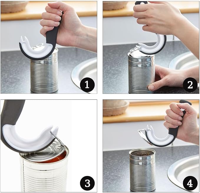 Multi-Purpose J-Shaped Can & Jar Opener, Labor Saving Lid Remover for Ring Pull Cans Glass Jars Bottles, Senior Friendly Kitchen Helper for Arthritis Hands, 1 Pack