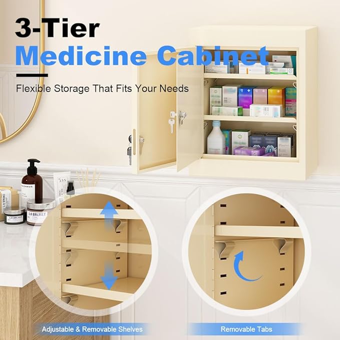 Yeeoy Locking Medicine Cabinet with Double Doors, Wall Mount Narcotics Cabinet, Steel Drug Cabinet with Adjustable Shelves, Secure Storage Box for Medications, First Aid & Home Safety, Beige