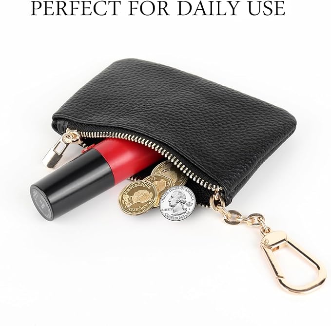 Full Grain Leather Coin Purse With Key Chain - Small Change Purse Card Holder Keychain Pouch Wallet for Women and Men (Black)