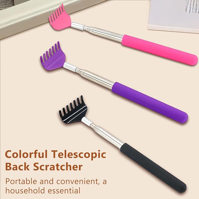 3-Piece Portable Extendable Back Scratcher Set, Telescopic Back Scratchers for Women and Men, Stainless Steel Body Massagers with Rubber Grips