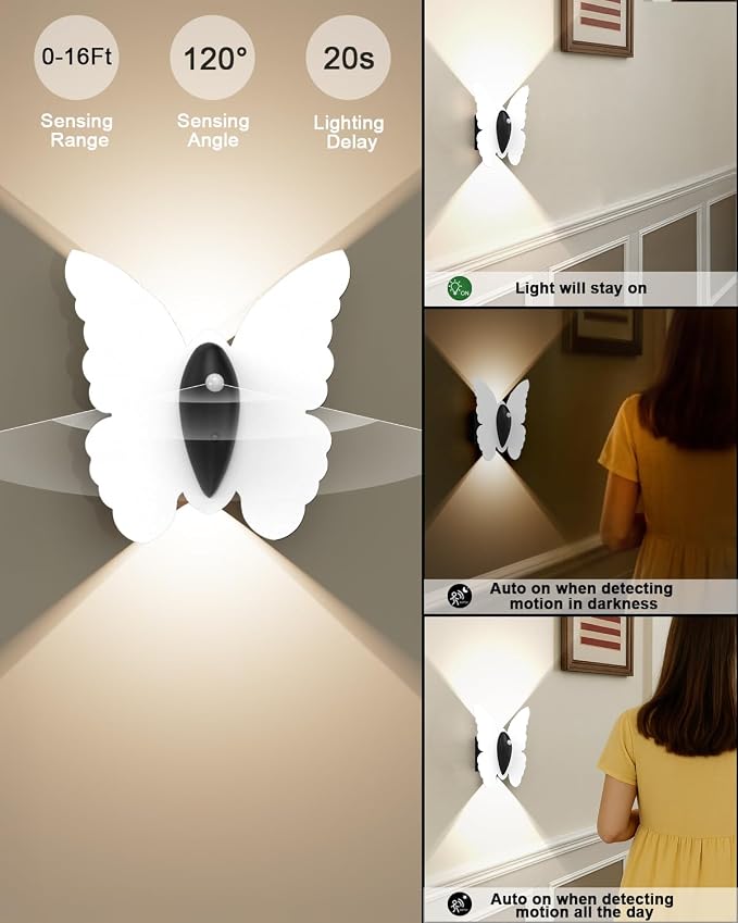 Eneru Motion Sensor Wall Sconce Set of 4, Rechargeable Wall Lights, White | 5000mAh Battery Operated Wall Sconces, Motion Activated, Magnetic Butterfly Night Light for Hallway Stair Closet Pantry Porch