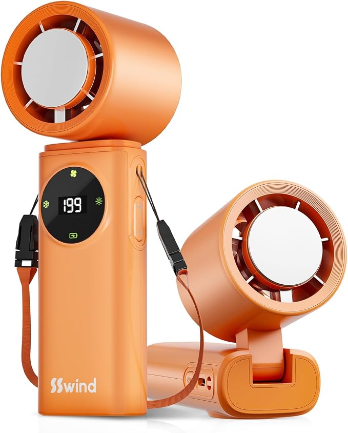 6000mAh Portable Handheld Fan with Ice Cooling, 199 Levels Stepless Speed, 20H Long Battery Life, 20000RPM Turbo Fan Rechargeable Personal Mini Fan for Travel, Outdoor, Makeup (Orange)