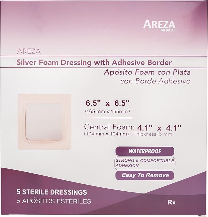 Areza Medical - Silver Foam Wound Dressing Pad - Sterile - 6.5" X 6.5" (16.5 cm X 16.5 cm) - Adhesive Border - 5 PCS per Box