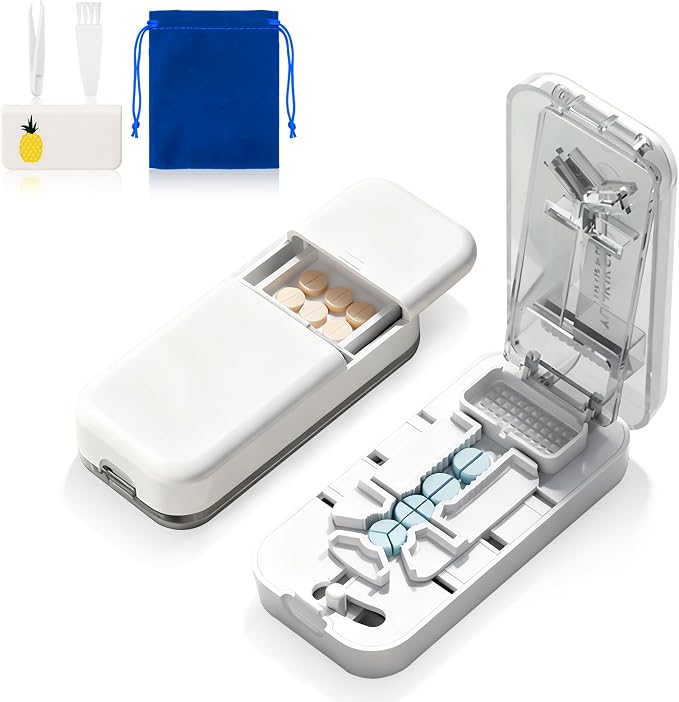 3-in-1 Adjustable Pill Cutter for Small & Large Pills, Professional Pill Splitter Cuts Tablets into 1/2, 1/3 & 1/4, Cuts Multiple Tablets,Hidden Blade，with Storage Box and Tweezers (White)