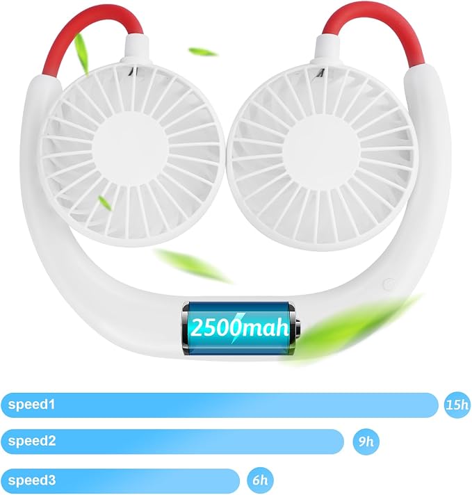 Haomaomao Portable Neck Fan 2500 mAh Rechargeable USB Hands-Free Mini Face Cooling Personal Double Headed Rotatable Small Fan for Working Office Reading Traveling Outdoor Sport