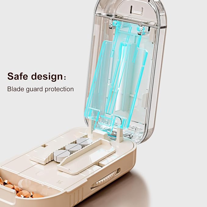 Multi-Pill Cutter with Replaceable Blades & Safety Guard – Precision Splitter for Small to Large Tablets. (Beige)