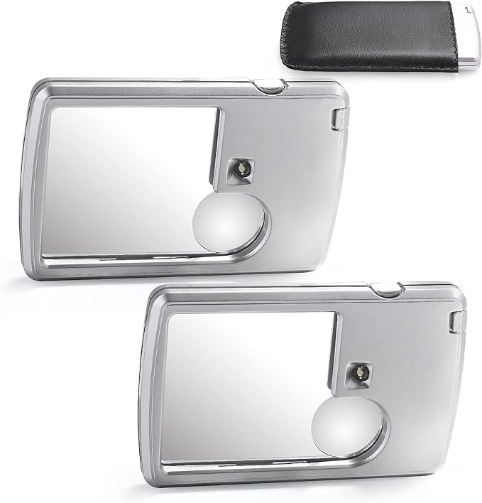 2 Pieces 3X 6X Pocket Magnifying Glass with Light, Card Type Magnifying Portable Glasses Lighted Magnifier for Reading Jewelry Menu Travel Contracts Home (Sliver)