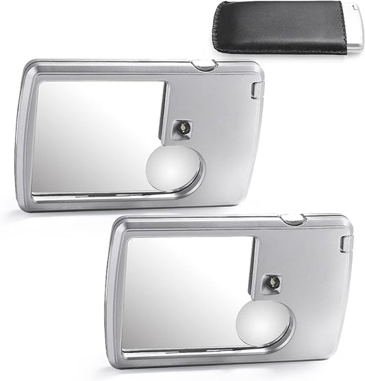 2 Pieces 3X 6X Pocket Magnifying Glass with Light, Card Type Magnifying Portable Glasses Lighted Magnifier for Reading Jewelry Menu Travel Contracts Home (Sliver)