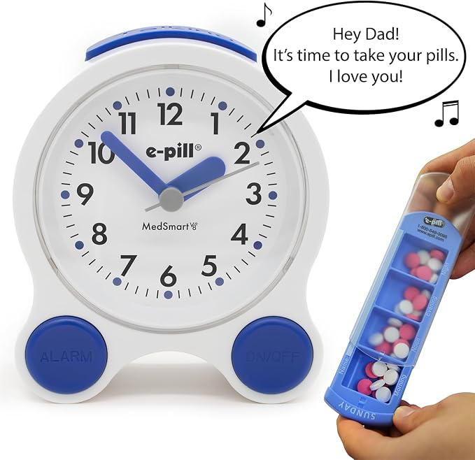 e-Pill MedSmart V8 Medication Reminder Clock for Seniors – 8 Loud Daily Alarms, Atomic Auto-Set Time, Large Easy-Read Screen, White