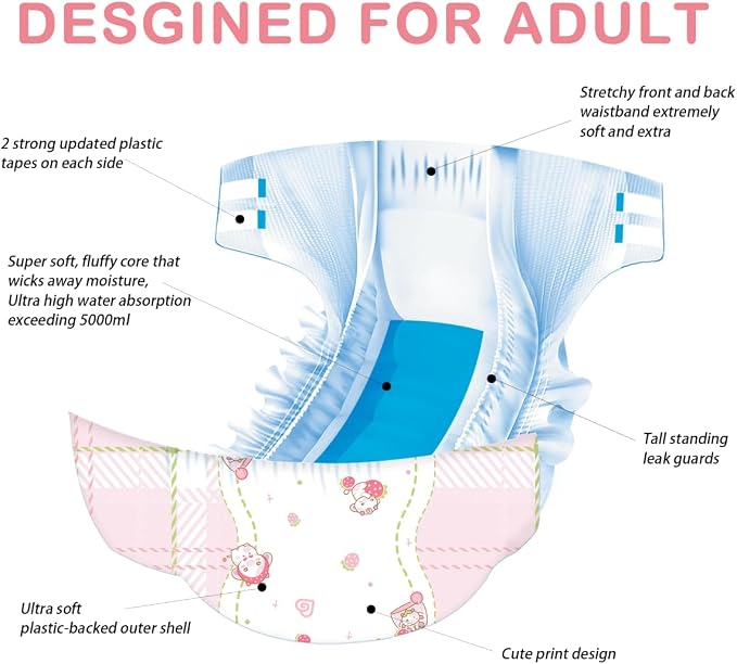 Landofgenie Adult Diaper Printed Diaper with Tabs 10 Pack (Medium 28"-38") | 5000 mL Absorbency, Side Leak-Proof Barriers, Elastic Cuffs & Waistband, Adjustable Tabs