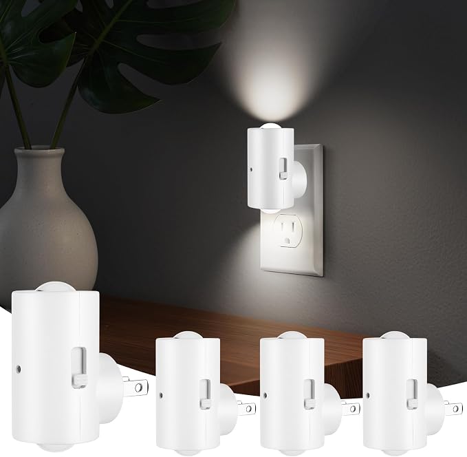 4-Pack Plug-in Dimmable Night Lights with Light Sensor, 4000K Cool White, Adjustable Brightness 0-200 LM, Auto On/Off at Dusk & Dawn for Bathroom Hallway Staircase
