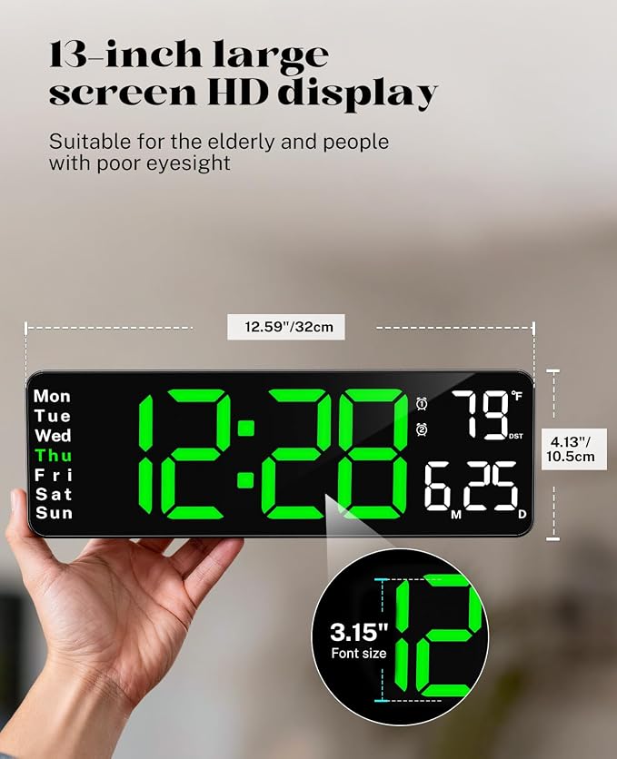 Digital Wall Clock for Classroom, 13" Digital Clock Large Display | Big Led Wall Clocks with Remote Control,Date,Week,Alarm,Temp &DST for Bedroom,Living Room,Gym,Office