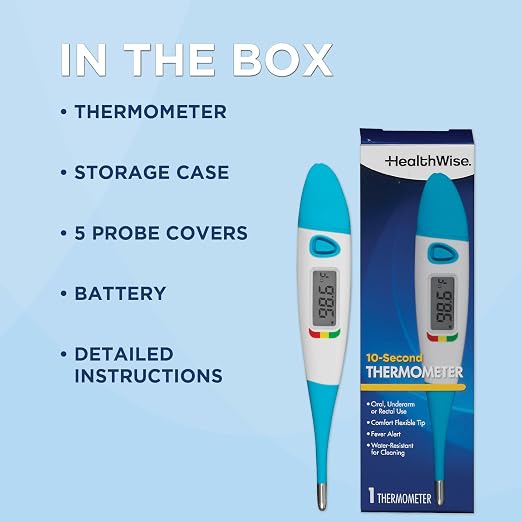HealthWise 10-Second Flexible Tip Digital Thermometer | Oral, Rectal & Underarm Use, Fever Indicator, Water-Resistant Storage Case & Probe Covers Included