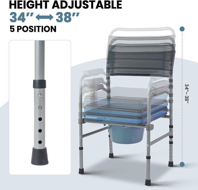 Folding Bedside Commode, Height Adjustable Toliet Chair for Seniors with Padded Seat and Arms, Portable Potty Shower Chair for Elderly Handicap Adult