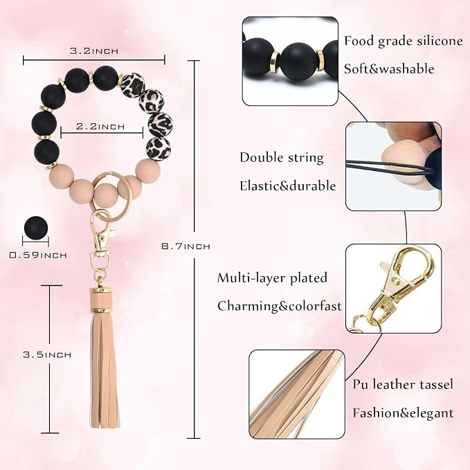 BAOSIWA Silicone Beaded Bracelet Keychain Wristlet Key Ring Bangle Chains for Women with Leather Tassel