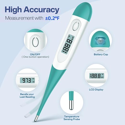 Boncare Digital Thermometer for Adults, Kids & Babies, Clear Blue | Accurate & Safe Oral and Rectal Thermometer with 10-Second Reading and Fever Alarm