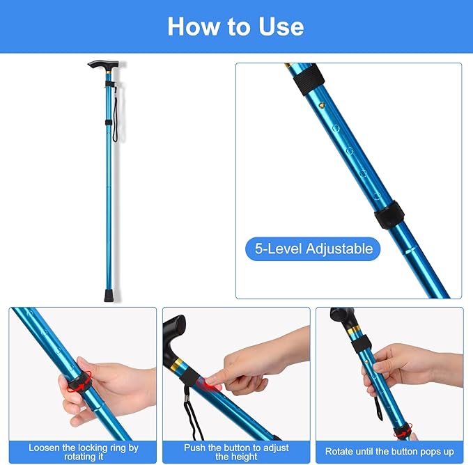 supregear Folding Cane, 5-Level Adjustable Height Walking Stick Lightweight Collapsible Portable Travel Cane with Wrist Strap and T Handle for Elderly Disabled Men Women
