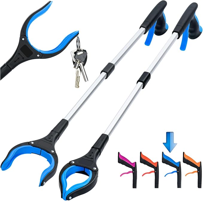 2-Pack Grabber Reacher Tool,32 Inch Foldable Reacher Grabber Pickup Tool with Strong Grip Magnetic,360°Rotating Anti-Slip Jaw,Trash Claw Grabber Tool,Grabbers for Seniors for Outdoor & Indoor (Blue)