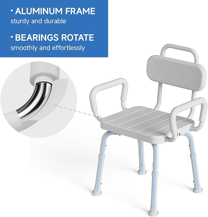 360° Swivel Shower Chair for Inside Shower, Removable Arms & Back, Adjustable Height Rotating Bath Chair for Seniors and Disabled，Tool-Free Assembly，White