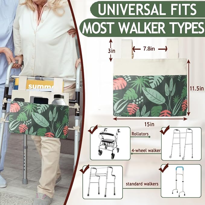 Walker Bag, Washable Walker Accessories Storage Bags with Cup Holder, Handy Walker Basket Pouch Tote Bag for Folding Walker, Wheelchairs, Strollers (Green Seaweed)