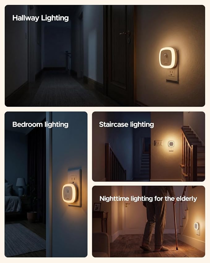 YELKO Motion Sensor Night Light, 5-Level Dimmable with Dusk to Dawn Sensor, Plug in Warm White Anti-Glare LED, Cozy Soft Glow, Adjustable Delay Time for Bathroom, Hallway, Kitchen, Stairs, 2 Pack