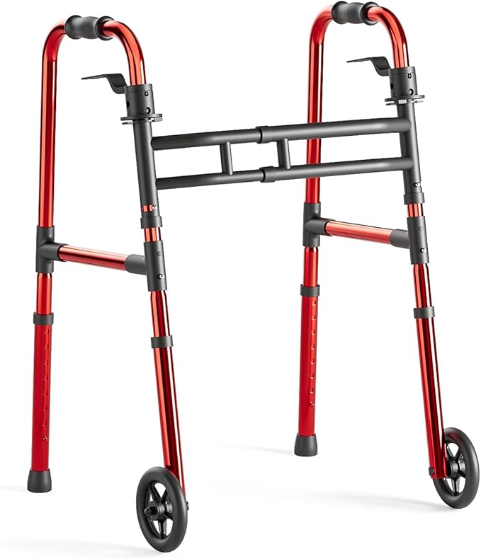 Walkers for Seniors Foldable, Aluminum Lightweight Walker with Wheels, Adjustable Height & Width Standard Walkers for Elderly & Disabled, 350 lbs Capacity, Red