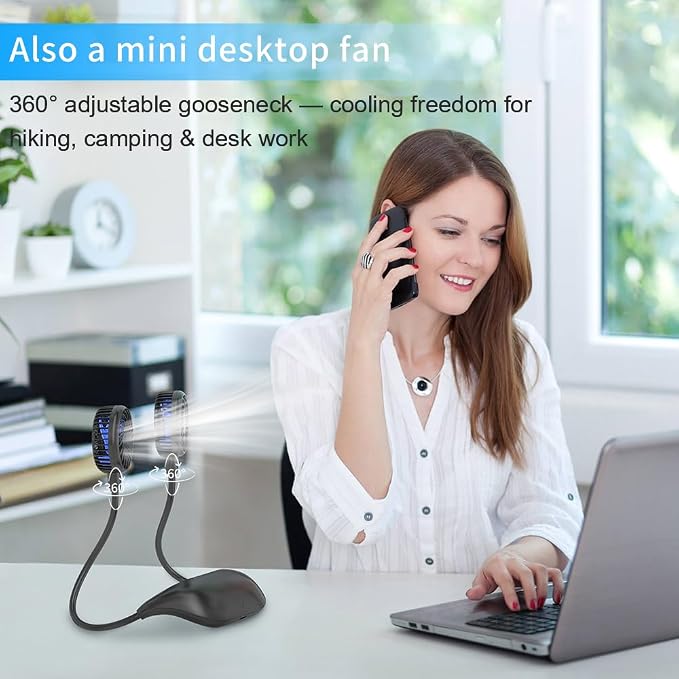 HandFan 5000mAh Portable Neck Fan Rechargeable, Wearable Personal Fans, Hands Free Necklace Fan Battery Operated, Hanging Cooling Fan for Travel Hiking Fishing, Gifts for Women Men