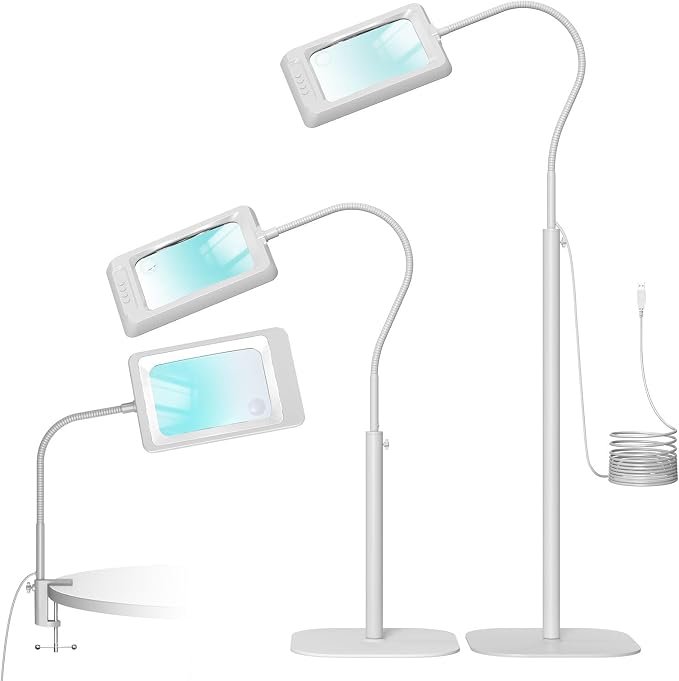 MoKo 10X Large Floor Magnifying Glass with Light and Stand,Flexible Gooseneck Floor Magnifying Lamp with 5 Color Modes,3 in 1 LED Lighted Desk Lamp Magnifiers for Reading,Close Work,Sewing, White