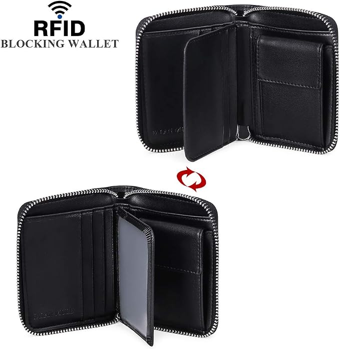 Wallets For Men Genuine Leather Short RFID Blocking Zip-around Bifold Wallet（Black）